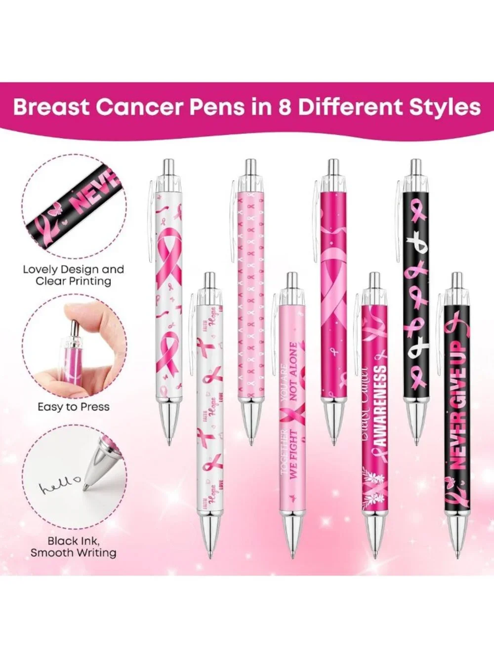 96 Pcs Breast Cancer Awareness Gifts Set - Pink Ribbon Pens, Bookmarks